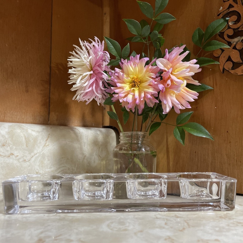 Vintage Solid Thick Clear Ice Glass Rectangle Block Four Tealight‎ Candle Holder
